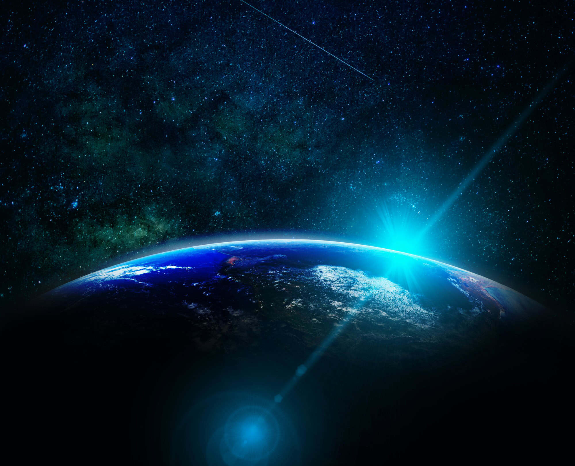 Part of earth with sun rise and lens flare over the Milky Way background,